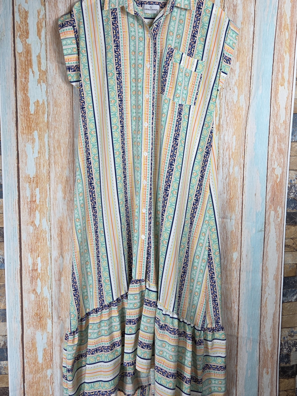 Carmina Vivenzio Striped Button-Front Maxi Dress in Mint and Navy W/belt. Size S